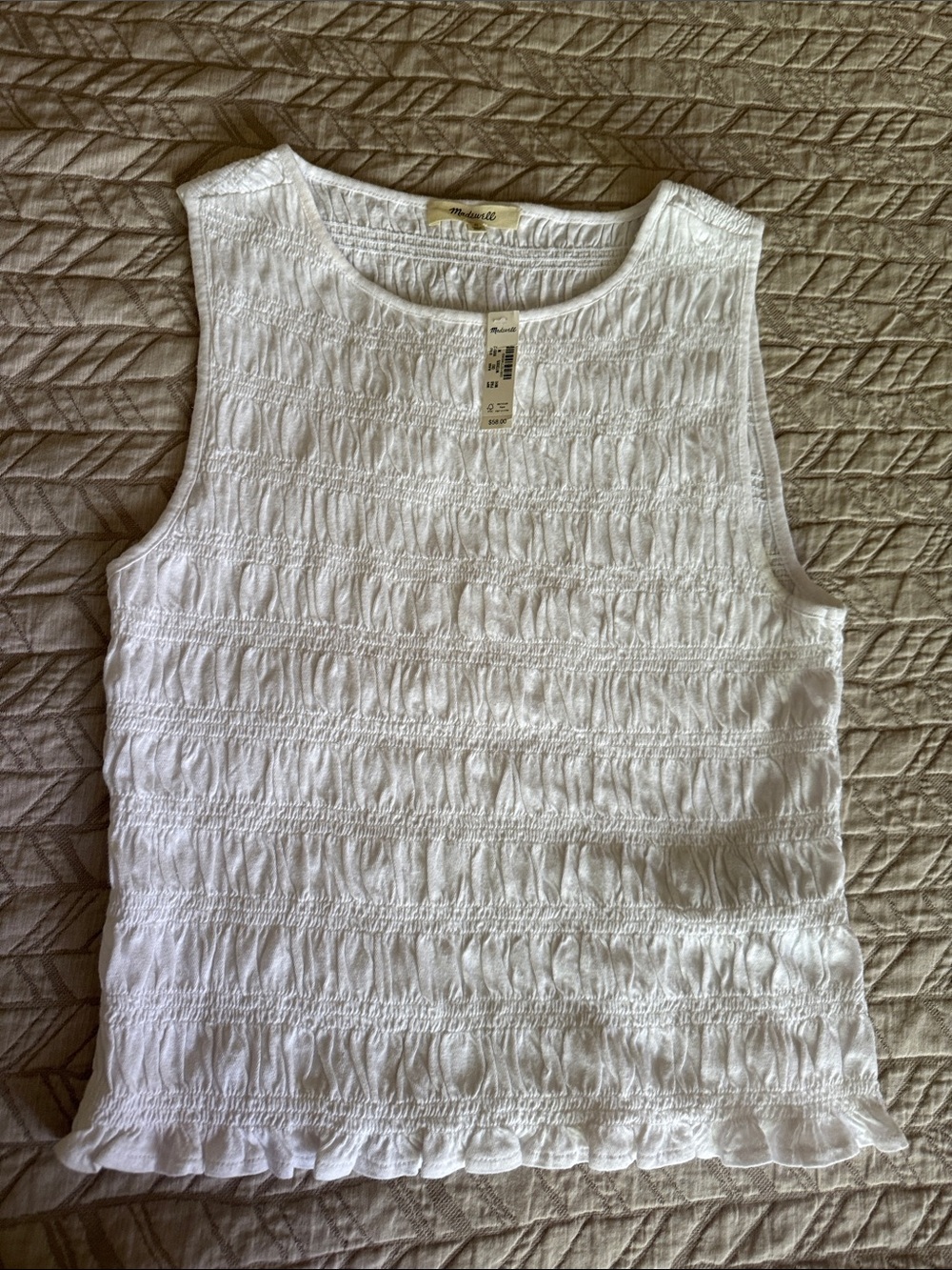 Madewell White Smocked Sleeveless Tank Top